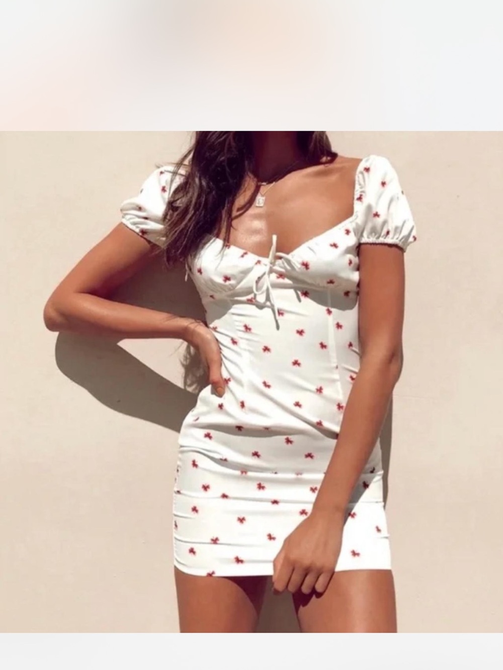 Princess Polly White Mini Dress with Red Floral Print and Tie Front Size 2